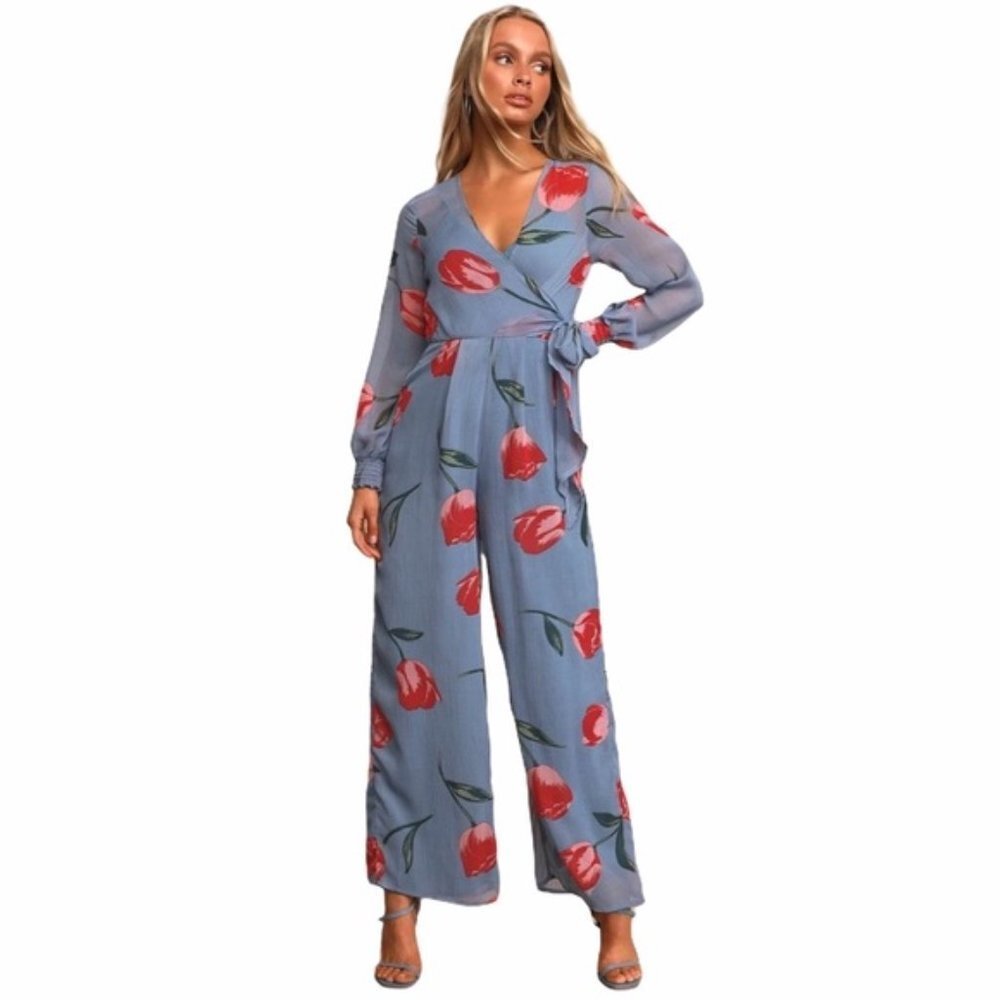 Lulus Blue Floral Print Faux-Wrap Jumpsuit